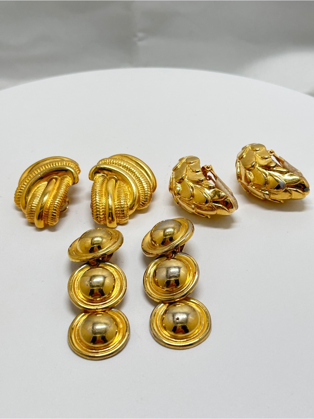1980’s, Vintage Chunky Gold Clip Disco Earrings, 3 Pairs